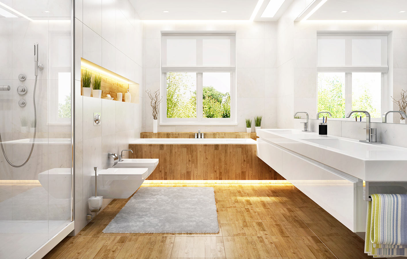 Parkettboden im modernen Badezimmer - mehr Wohnqualität, mehr Chic modernes helles Bad mit Holzboden - Parkettboden