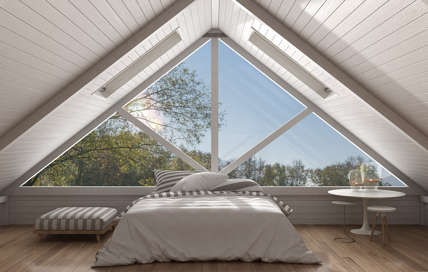 optimales Raumklima mit Deckenverkleidungen aus Holz weisse Dekorpaneel an der Decke vom Schlafzimmer