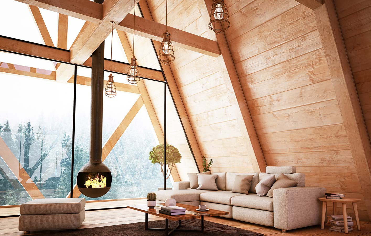 Holzdecken und Balken im modernen Wohnraum Holzdecke mit Holzbalken - modernes Loftdachgeschoss