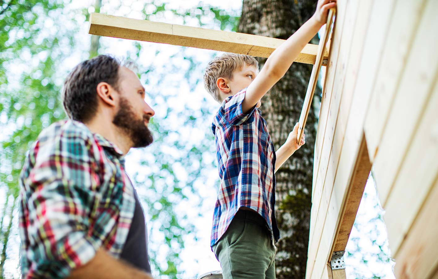 Baumhaus selbst bauen - do it yourself Vater und Sohn bauen ein Baumhaus