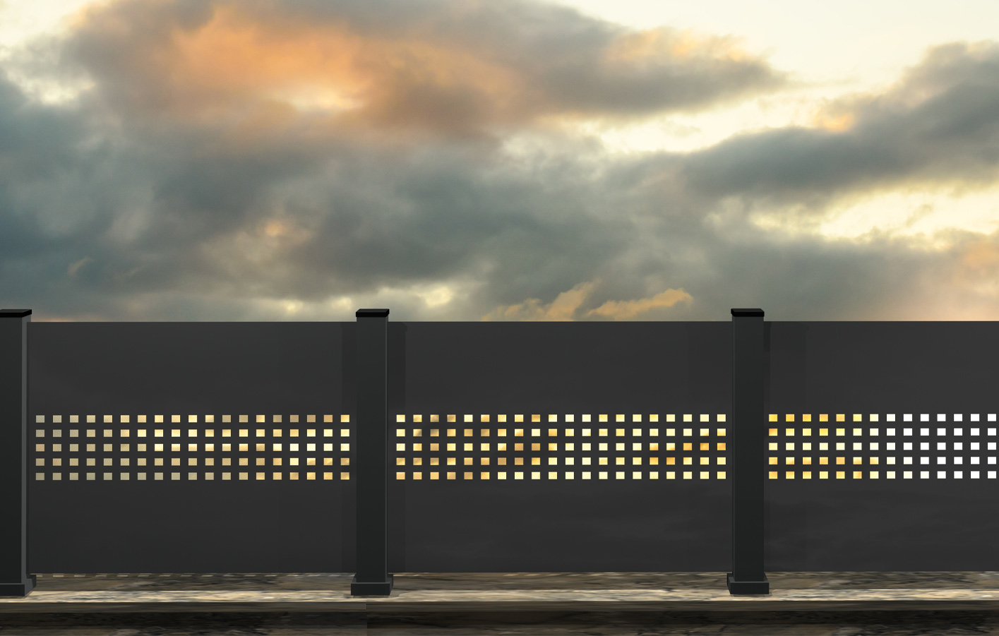 moderner Sichtschutz und Zaun - ein Gartenzaun aus Aluminium Sichtschutz aus Aluminium im Sonnenuntergang